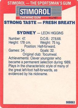 1990 AFL Scanlens Stimorol #80 Leon Higgins Back
